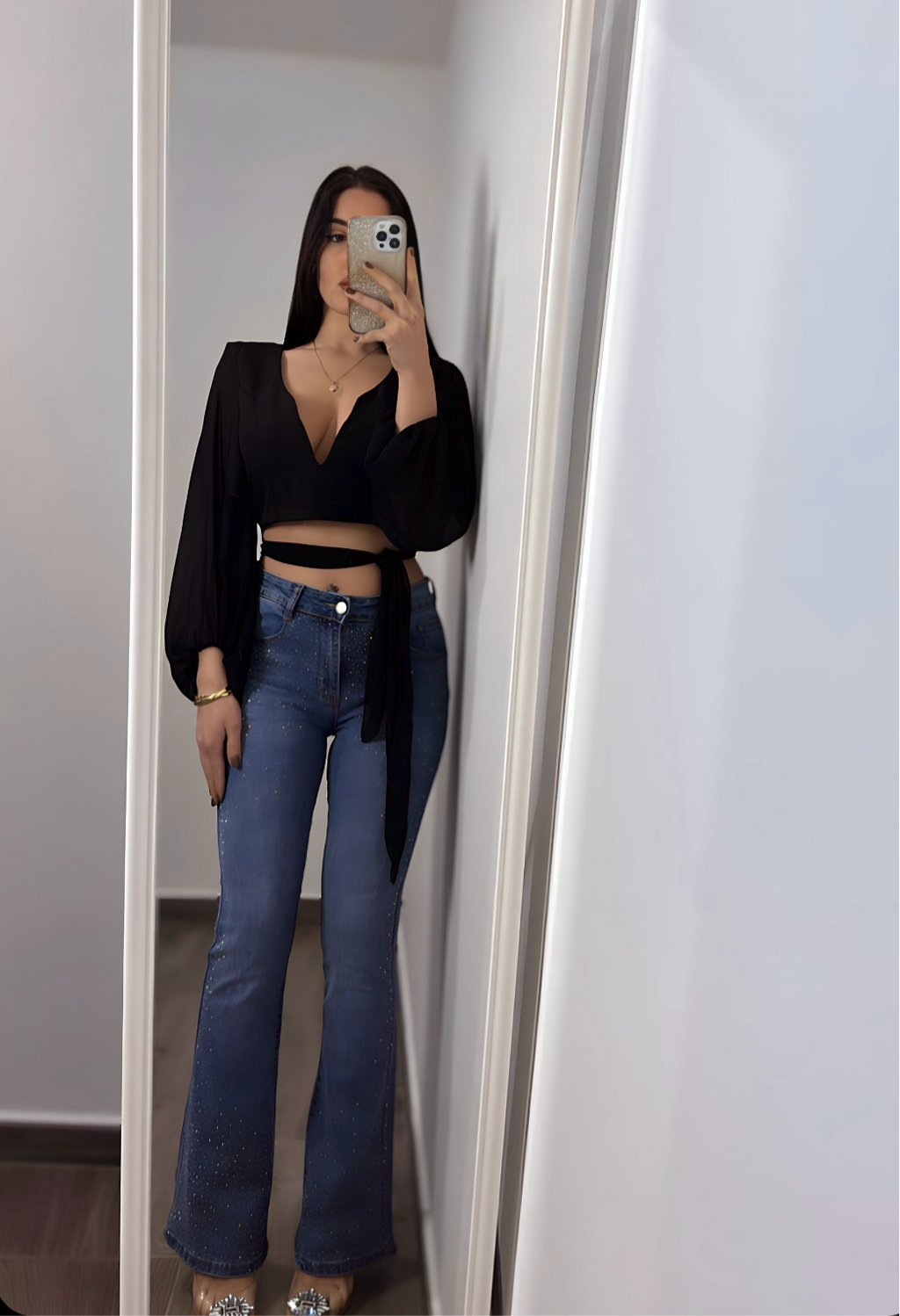 Jeans flare con strass