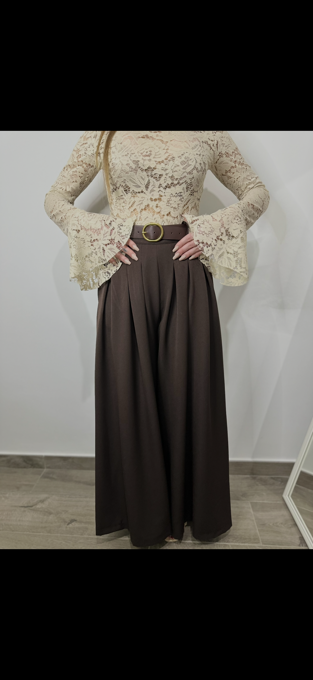 Pantalone Palazzo Marrone con Cintura in vita