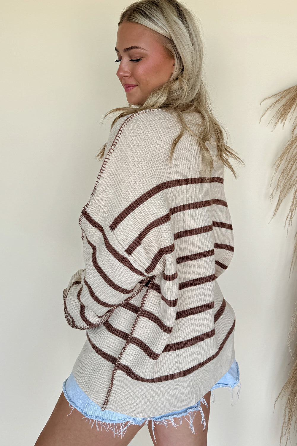 Brown Striped Exposed Seam Loose Henley Sweater