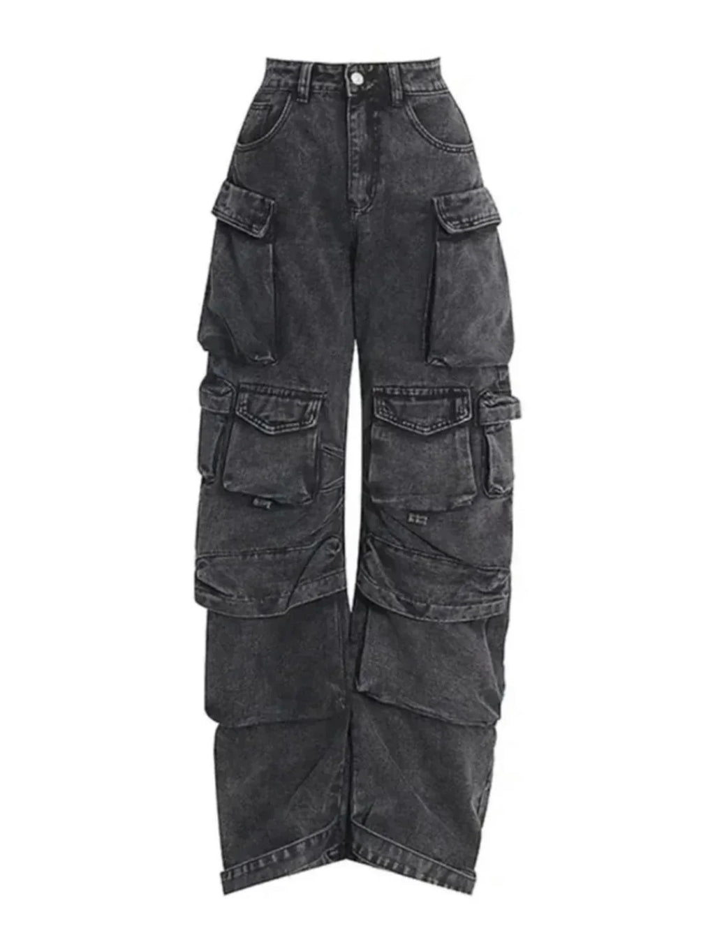 Pantaloni cargo neri donna in denim con tasche multiple e vestibilità ampia