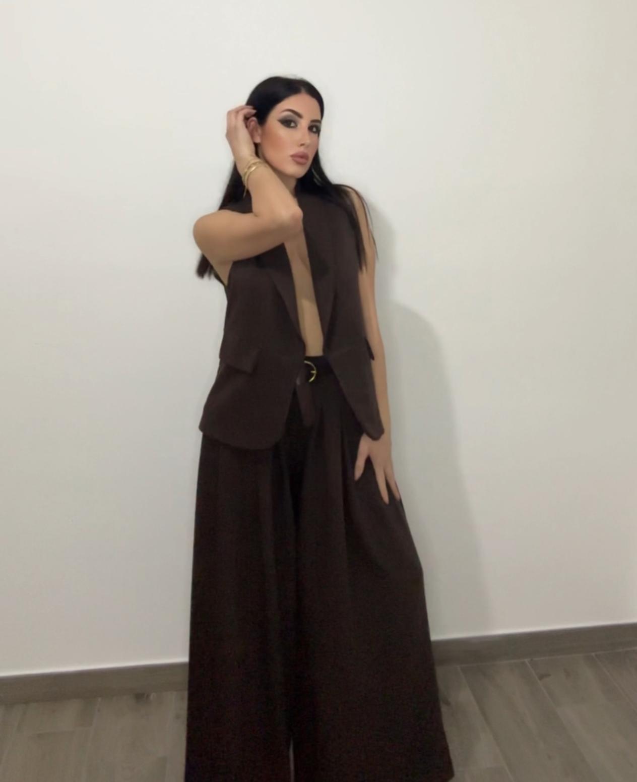 Pantalone Palazzo Marrone con Cintura in vita