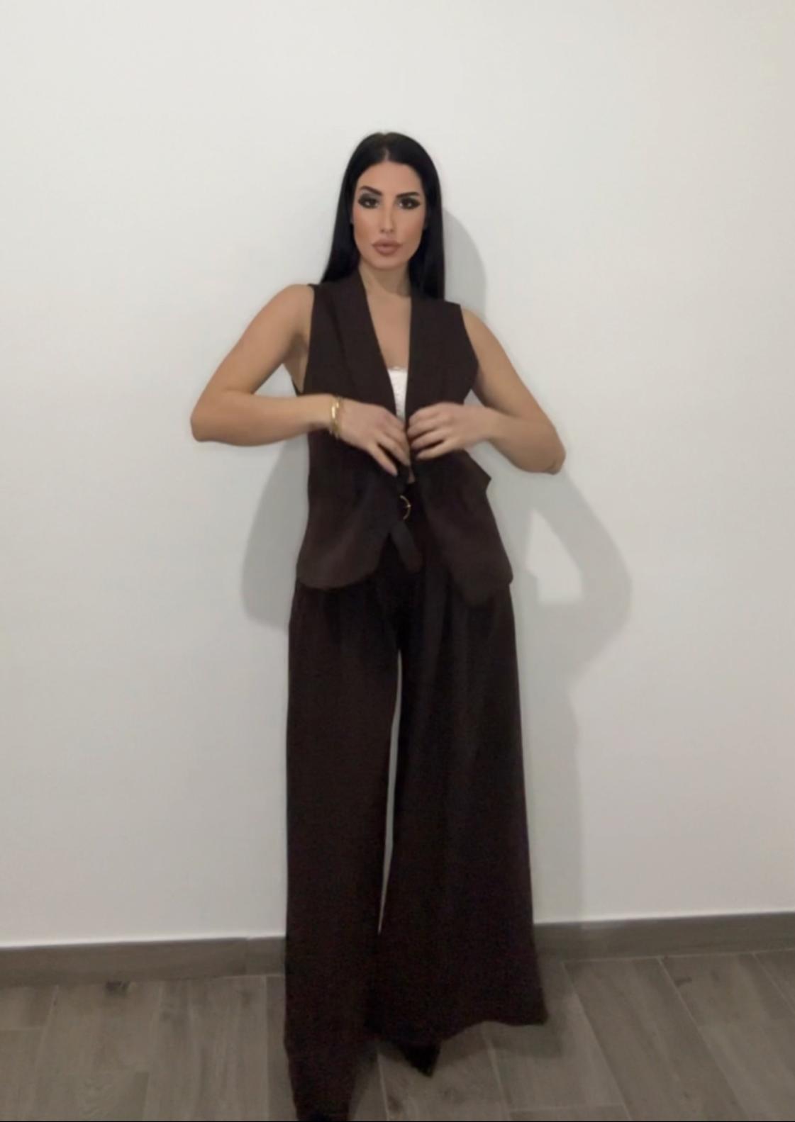 Pantalone Palazzo Marrone con Cintura in vita