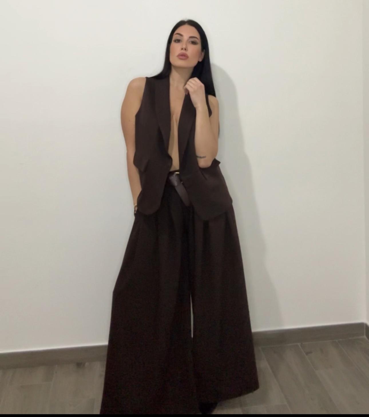 Pantalone Palazzo Marrone con Cintura in vita